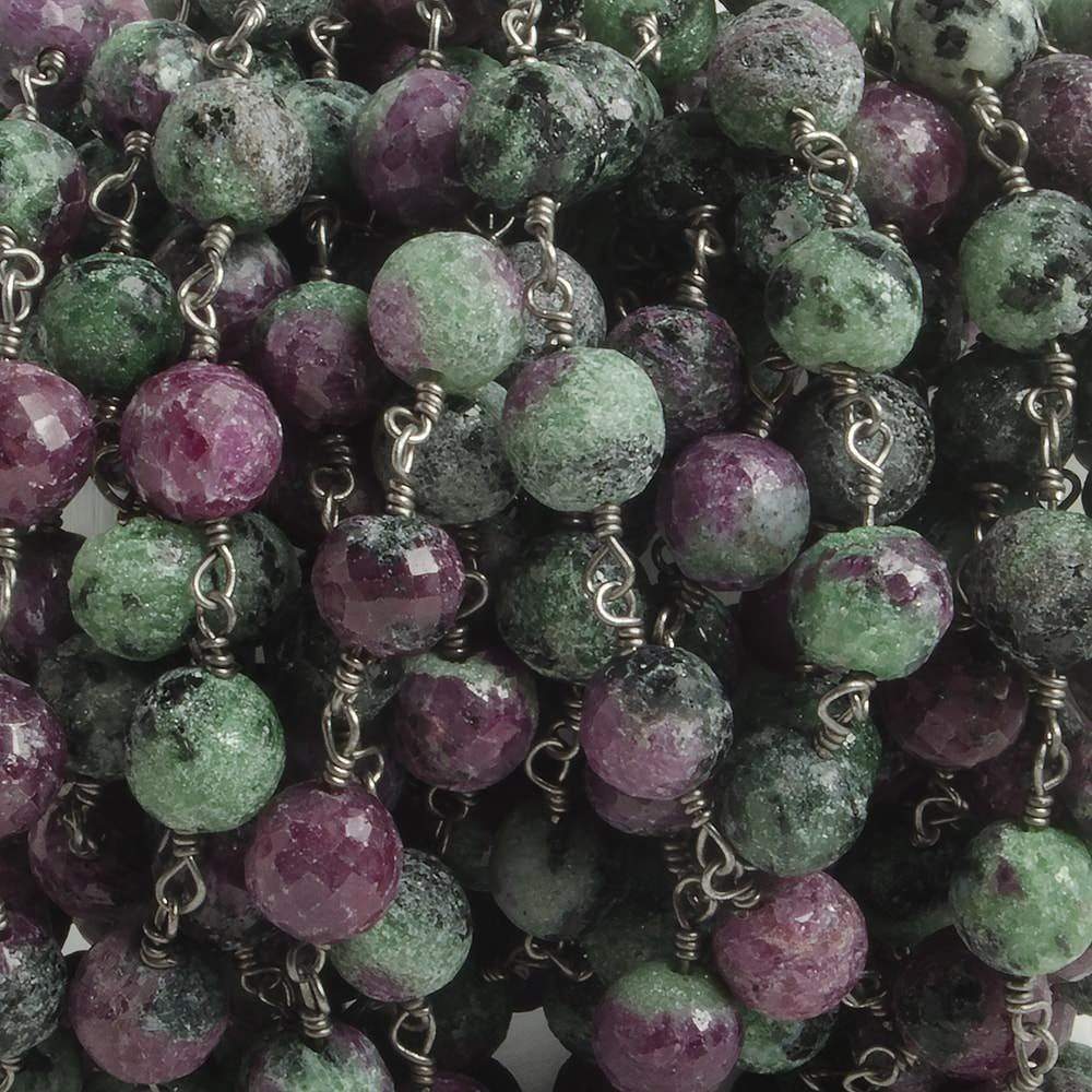 6.5mm Ruby in Zoisite faceted round Black Gold .925 Silver Chain by the foot 24 pieces - Beadsofcambay.com