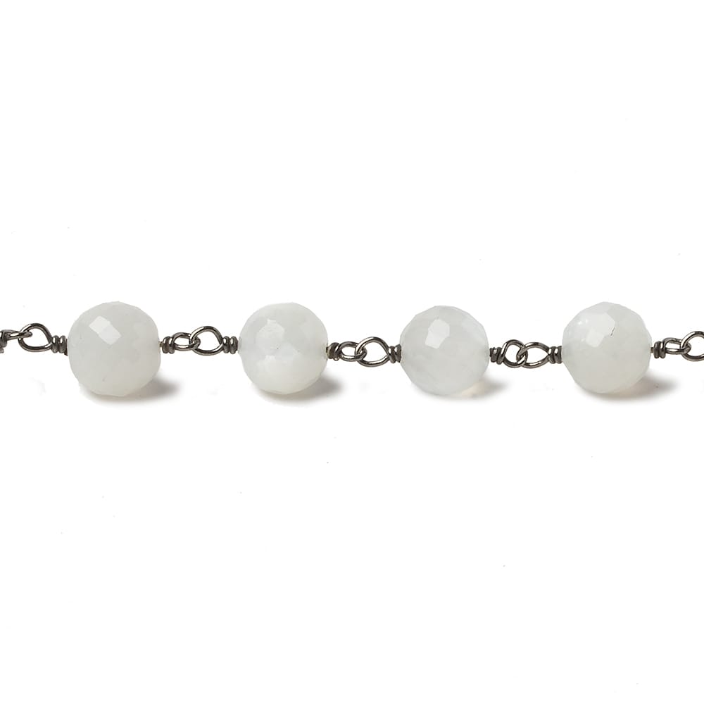 6.5mm White Moonstone faceted round Black Gold .925 Silver Chain by the foot 24 pieces - Beadsofcambay.com