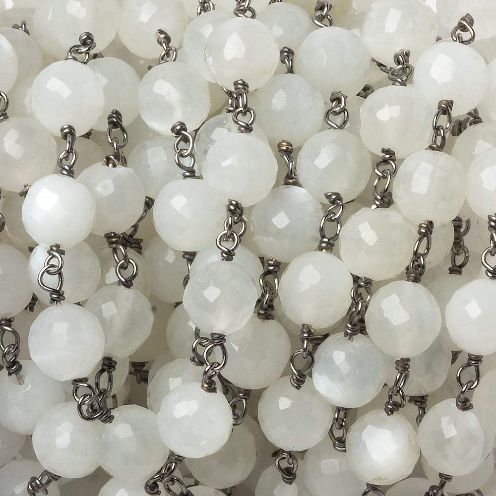 6.5mm White Moonstone faceted round Black Gold .925 Silver Chain by the foot 24 pieces - Beadsofcambay.com