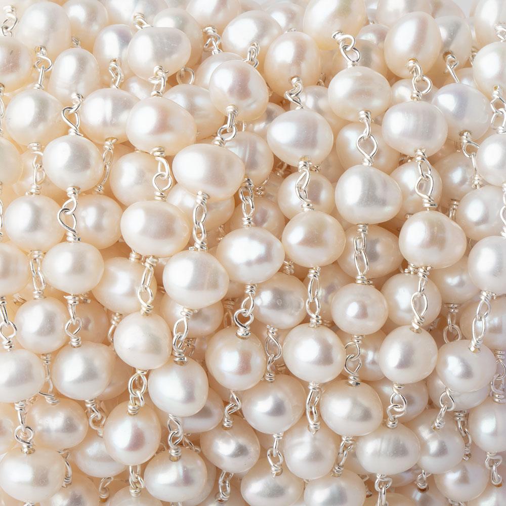 6.5x5mm Off White Side Drilled Oval Pearl .925 Silver Chain by the foot 29 beads - Beadsofcambay.com