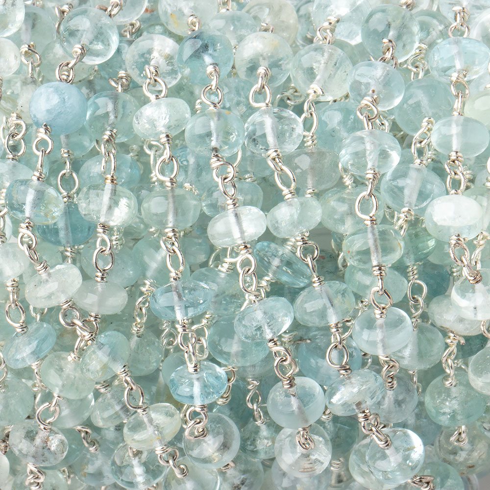 6mm Aquamarine Plain Rondelle Beads on .925 Sterling Silver Chain - Beadsofcambay.com