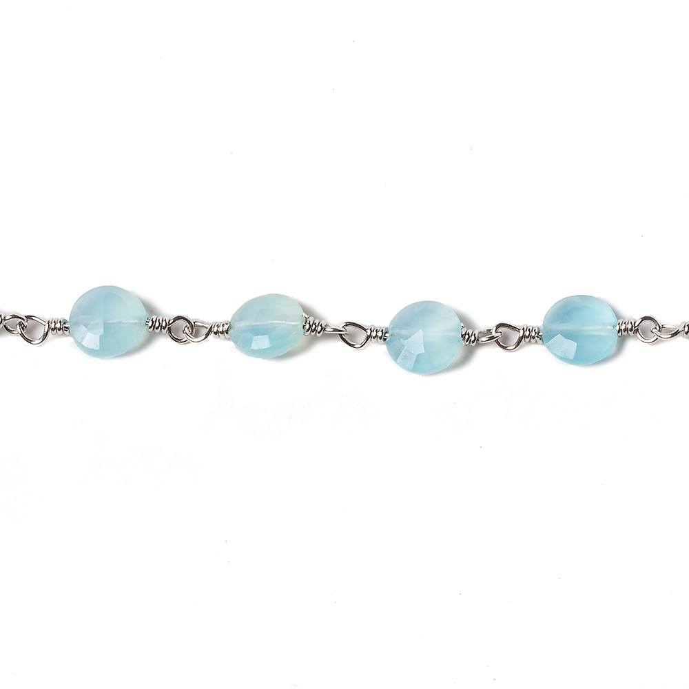 6mm Blue Chalcedony faceted coin Silver Chain by the foot 25 pieces - Beadsofcambay.com
