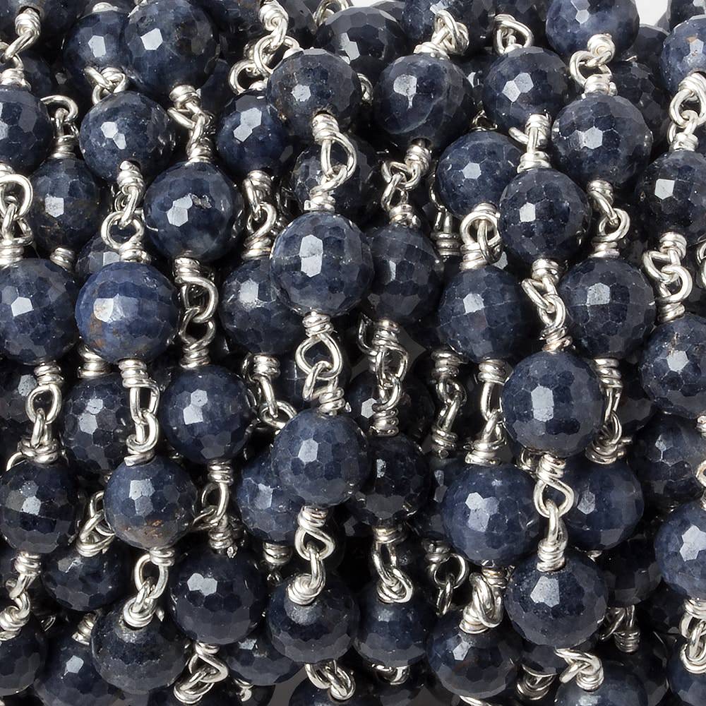6mm Blue Sapphire faceted round Sterling Silver .925 Chain by the foot 26 beads - Beadsofcambay.com