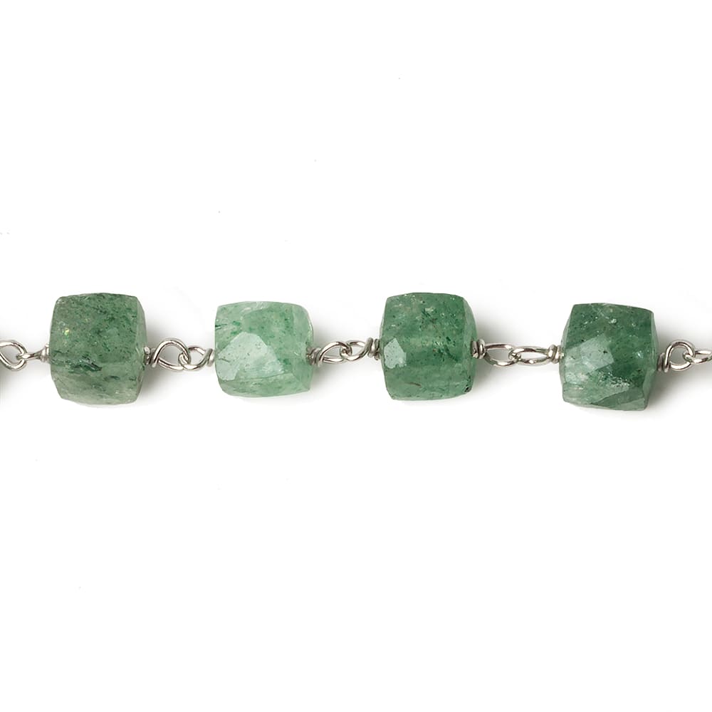 6mm Green Aventurine faceted cube .925 Silver Chain by the foot 29 pieces - Beadsofcambay.com