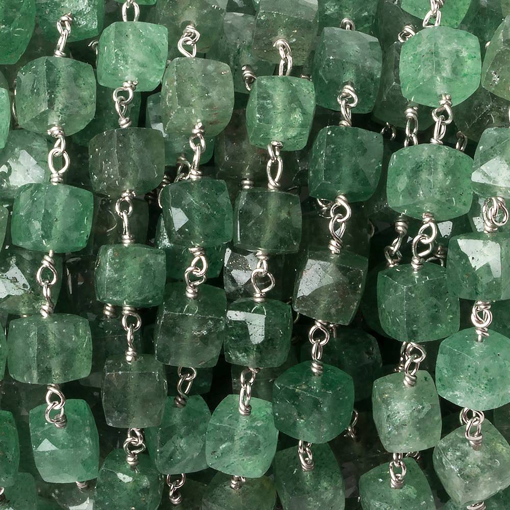 6mm Green Aventurine faceted cube .925 Silver Chain by the foot 29 pieces - Beadsofcambay.com