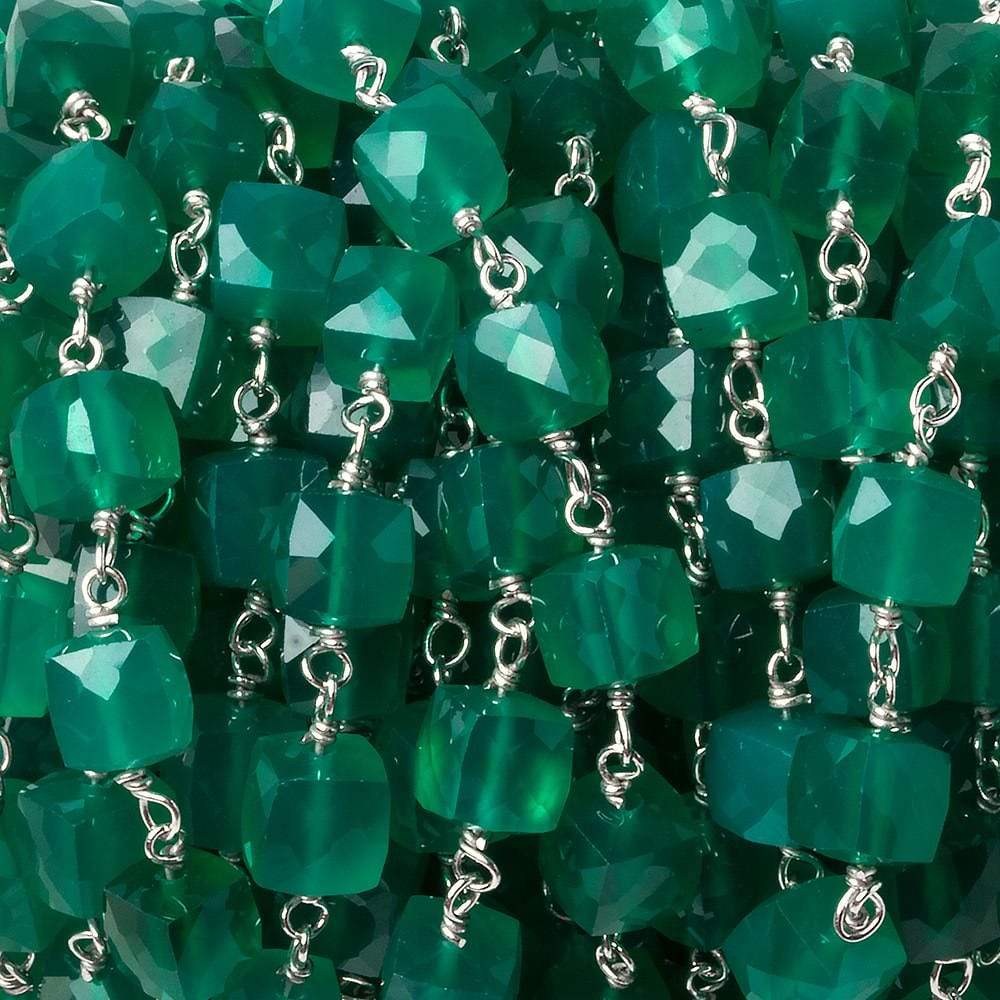 6mm Green Onyx faceted cube .925 Silver Chain by the foot 29 pieces - Beadsofcambay.com
