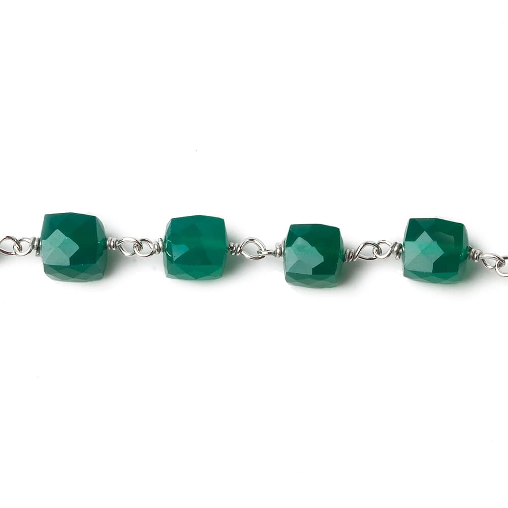 6mm Green Onyx faceted cube .925 Silver Chain by the foot 29 pieces - Beadsofcambay.com