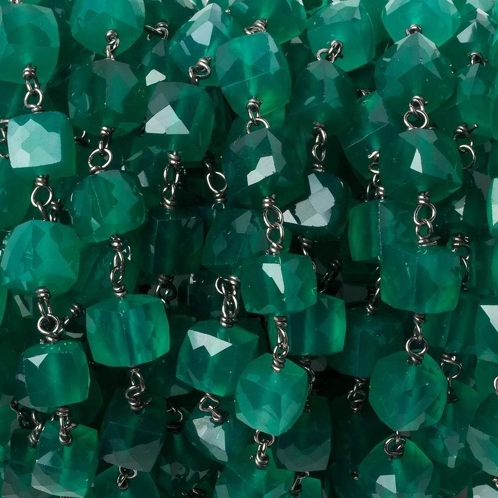 6mm Green Onyx faceted cube Black Gold .925 Silver Chain by the foot 29 pieces - Beadsofcambay.com