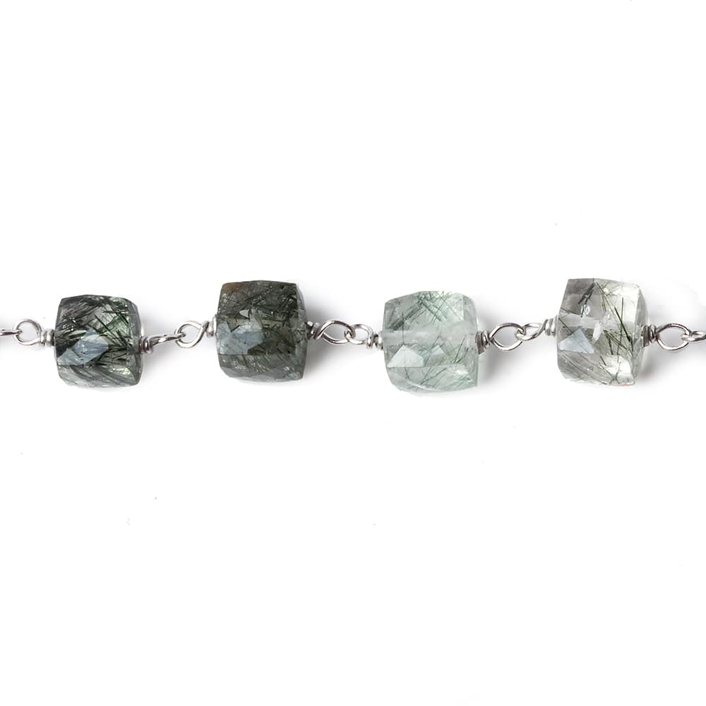 6mm Green Tourmalinated faceted cube .925 Silver Chain by the foot 29 pieces - Beadsofcambay.com