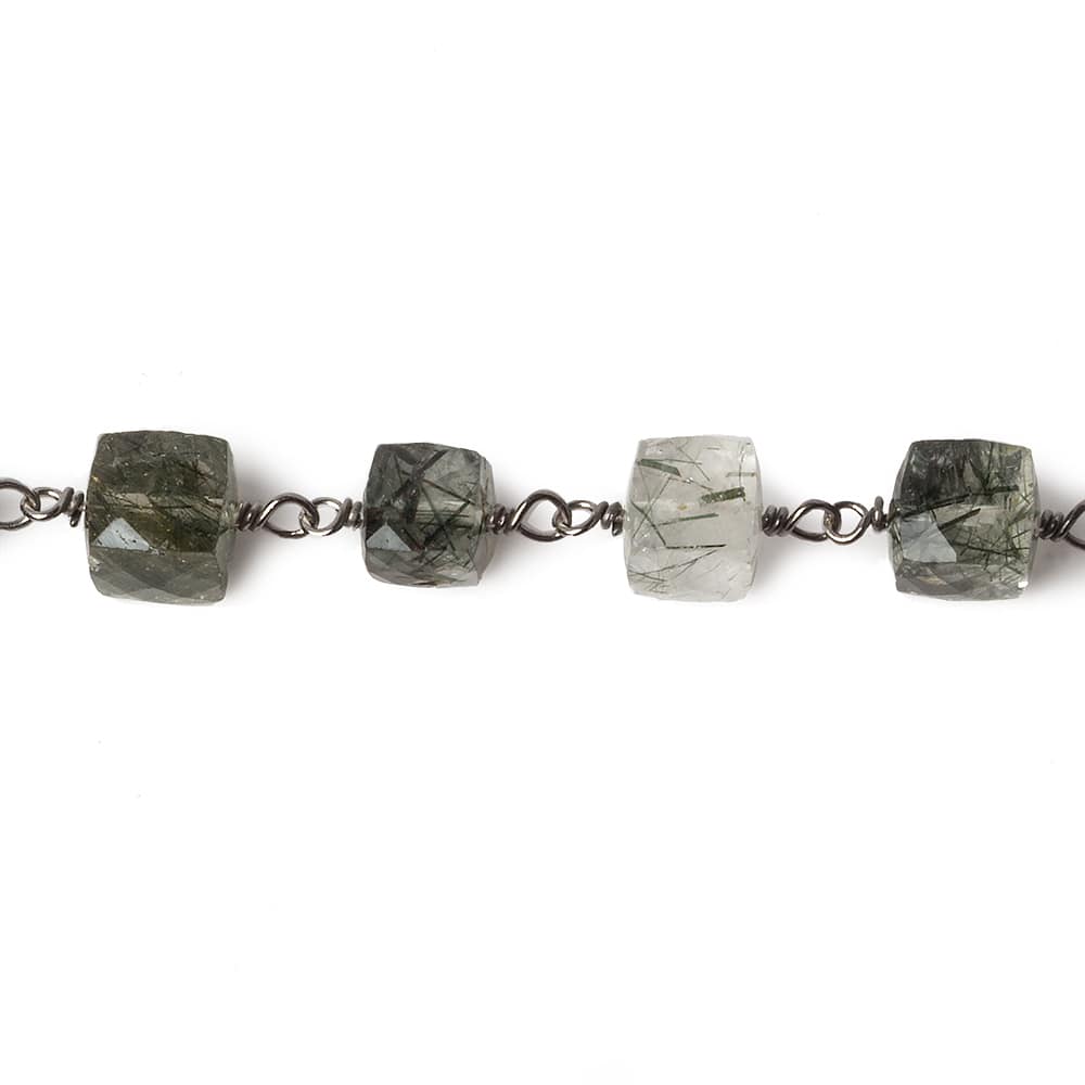 6mm Green Tourmalinated faceted cube Black Gold .925 Silver Chain by the foot 29 pieces - Beadsofcambay.com