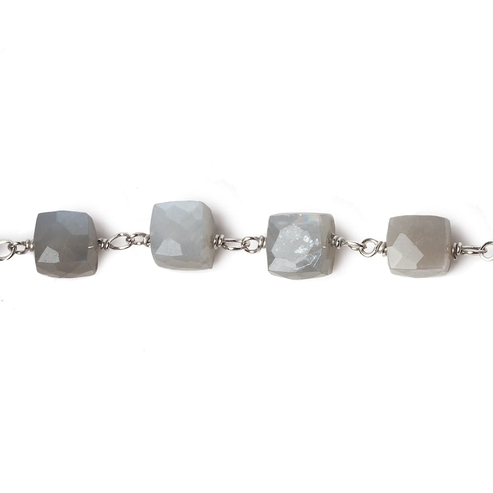 6mm Grey Moonstone faceted cube .925 Silver Chain by the foot 29 pieces - Beadsofcambay.com