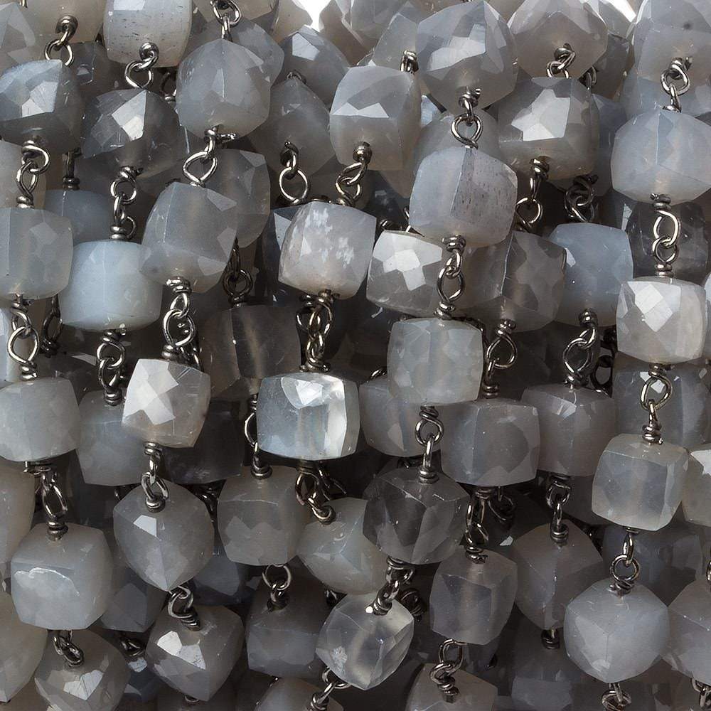 6mm Grey Moonstone faceted cube Black Gold .925 Silver Chain by the foot 29 pieces - Beadsofcambay.com