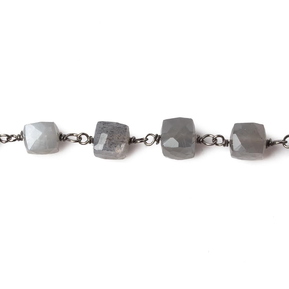6mm Grey Moonstone faceted cube Black Gold .925 Silver Chain by the foot 29 pieces - Beadsofcambay.com