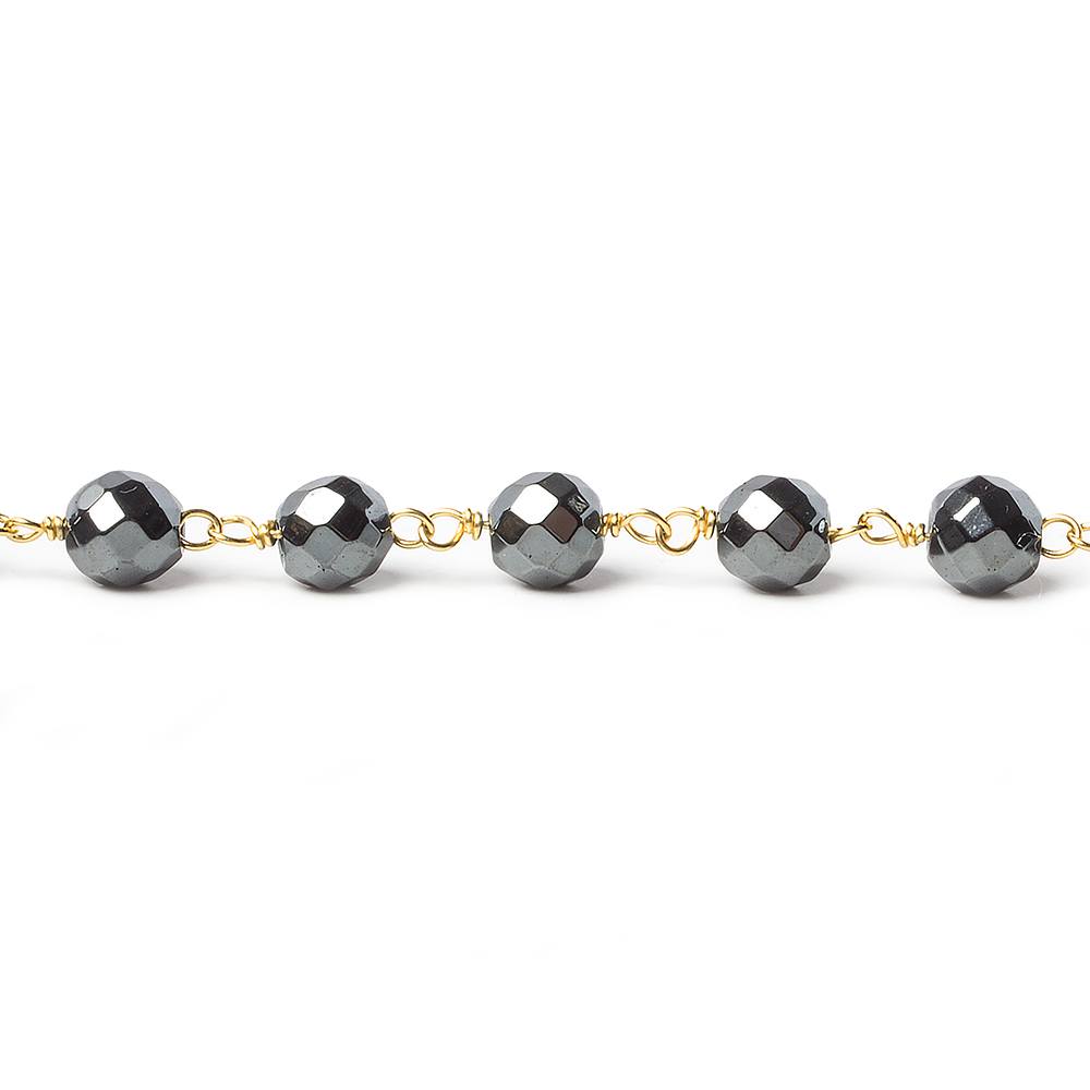 6mm Hematite faceted round Gold Chain by the foot 27 pieces - Beadsofcambay.com