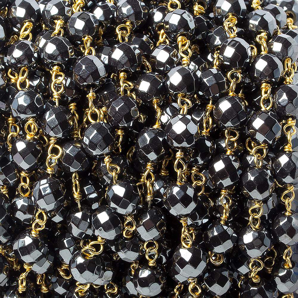 6mm Hematite faceted round Gold Chain by the foot 27 pieces - Beadsofcambay.com