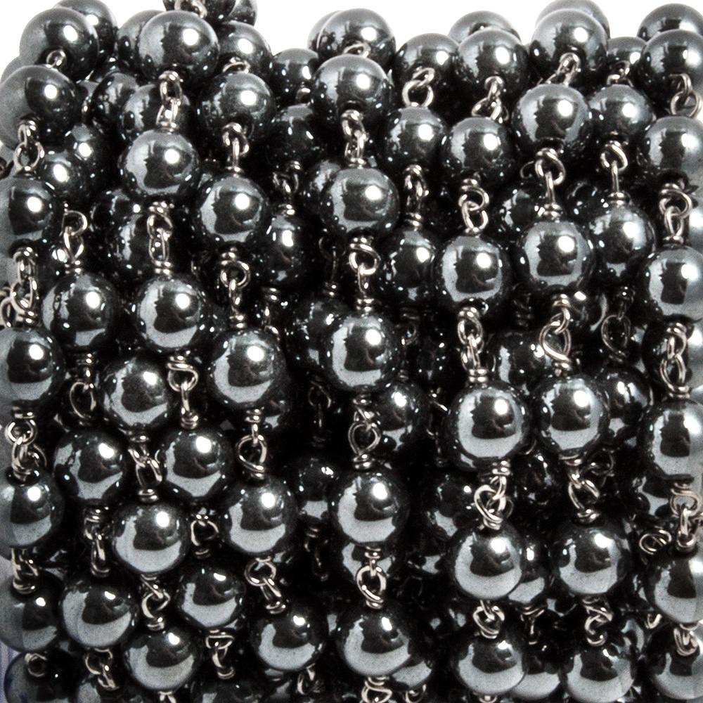 6mm Hematite plain round Black Gold plated Chain by the foot 25 beads - Beadsofcambay.com