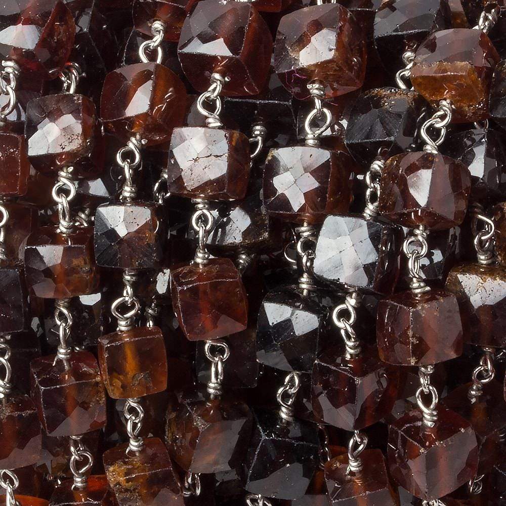 6mm Hessonite Garnet faceted cube .925 Silver Chain by the foot 29 pieces - Beadsofcambay.com