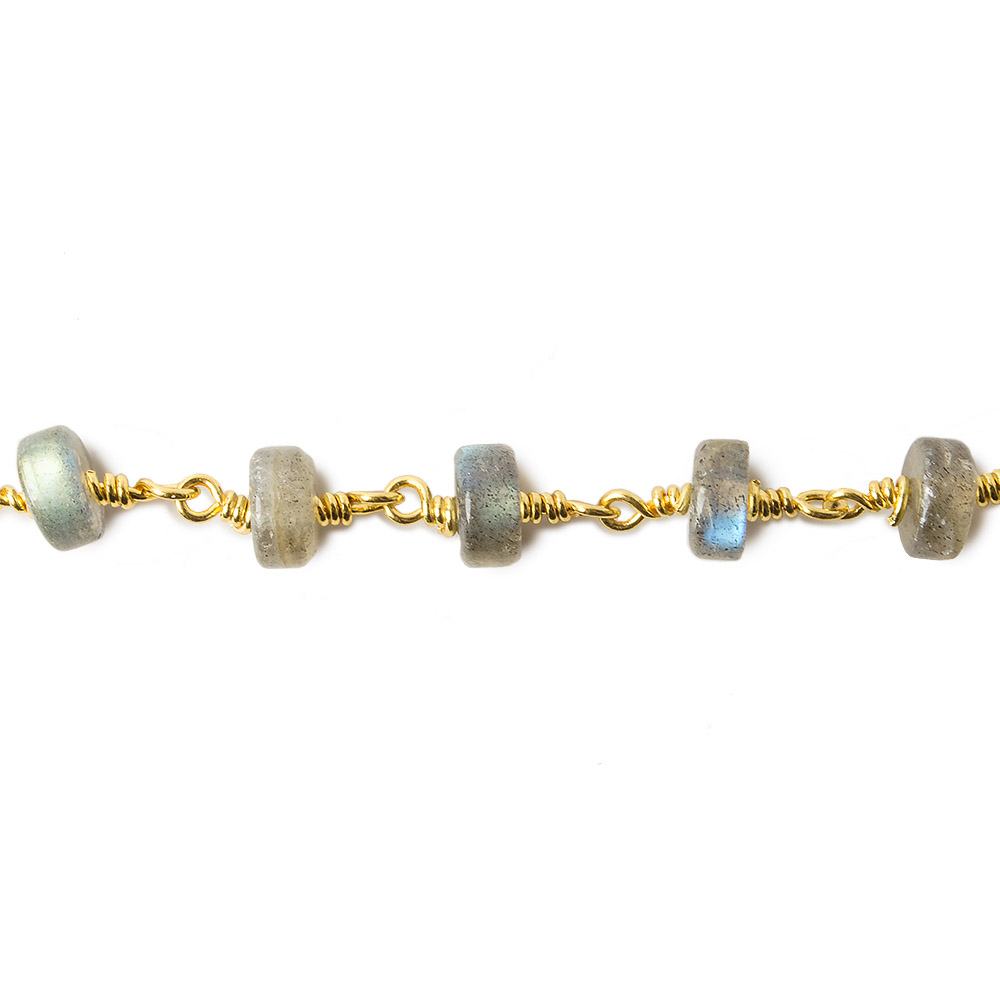 6mm Labradorite plain rondelle Gold Plated Chain by the foot - Beadsofcambay.com
