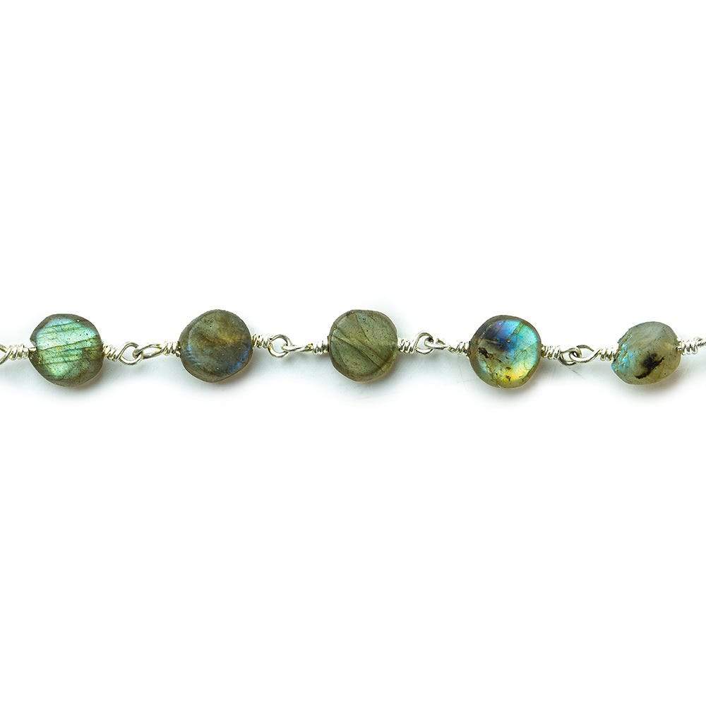 6mm Matte Labradorite plain coin Silver plated Chain by the foot 25 beads per - Beadsofcambay.com