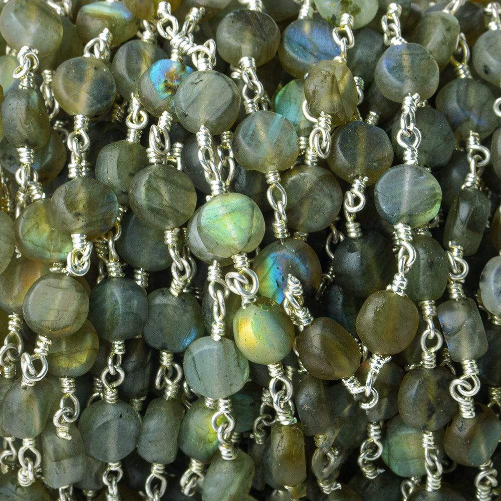 6mm Matte Labradorite plain coin Silver plated Chain by the foot 25 beads per - Beadsofcambay.com