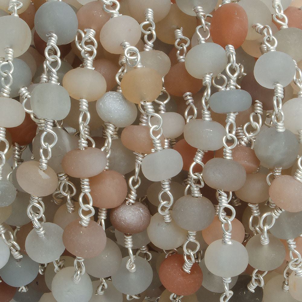 6mm Matte Multi Color Moonstone rondelle Silver plated Chain by the foot with approximately 27 pieces - Beadsofcambay.com