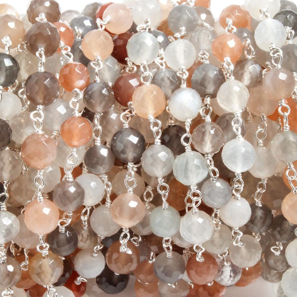 6mm Multi Moonstone faceted round .925 Silver Chain by the foot 27 beads - Beadsofcambay.com