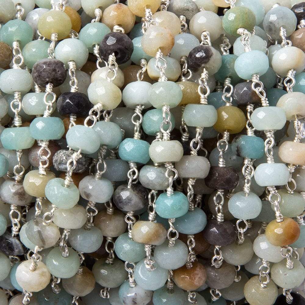 6mm MultiColor Amazonite faceted rondelle Silver chain by the foot 31 pcs - Beadsofcambay.com