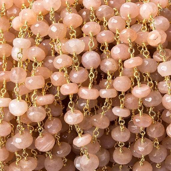 6mm Peach Moonstone faceted rondelle Gold Chain by the foot 30 pcs - Beadsofcambay.com
