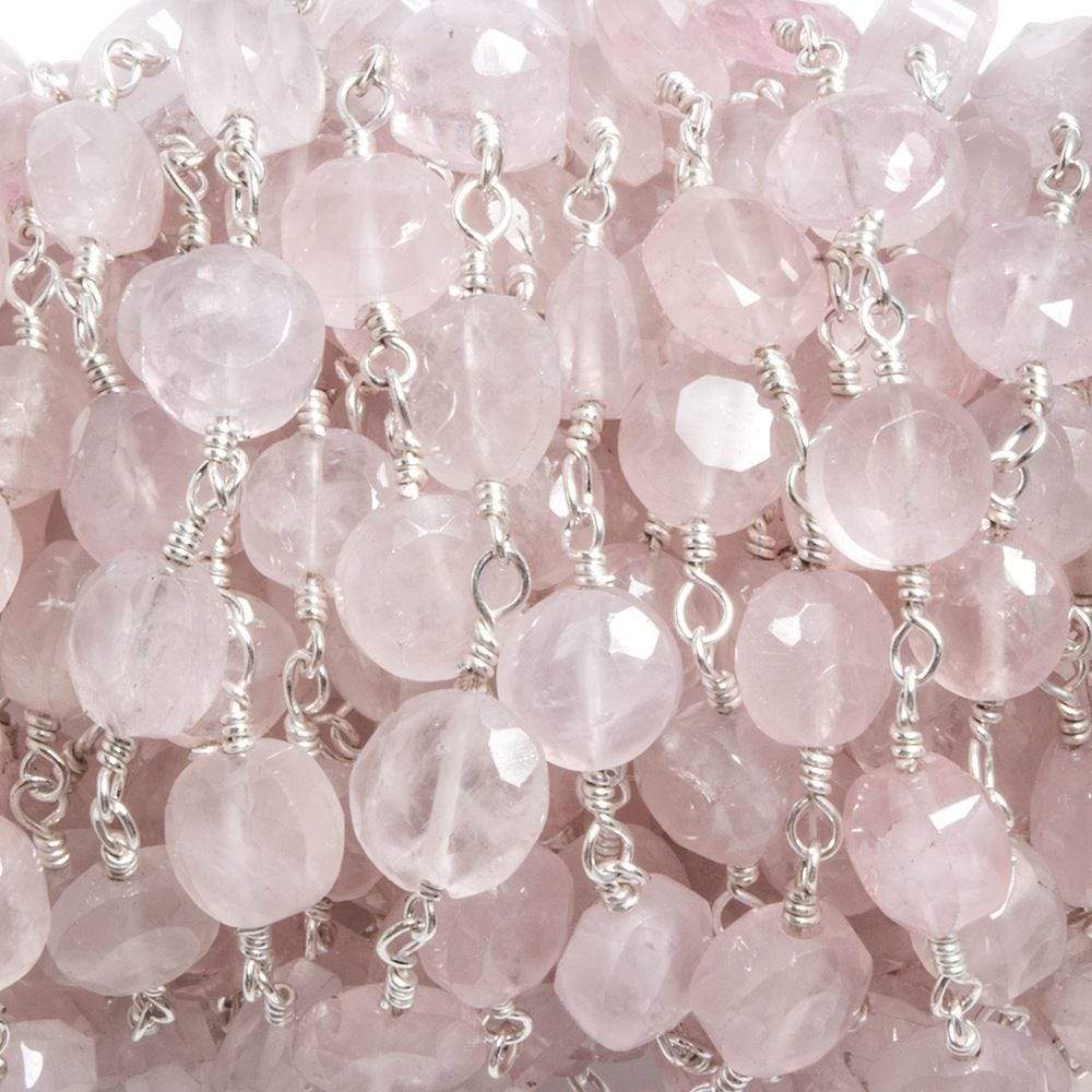 6mm Rose Quartz faceted coin Silver plated Chain by the foot 23 pieces - Beadsofcambay.com