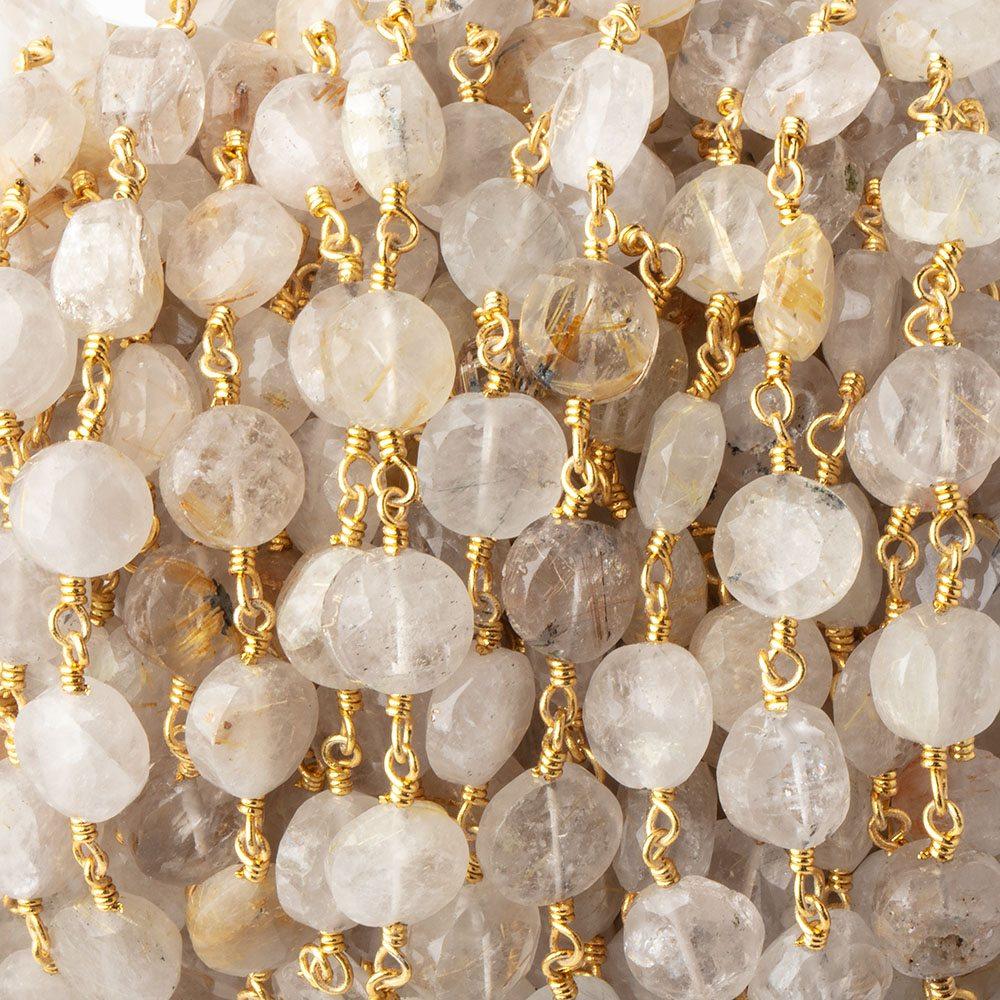 6mm Rutilated Quartz faceted coin Gold plated Chain by the foot 23 pieces - Beadsofcambay.com