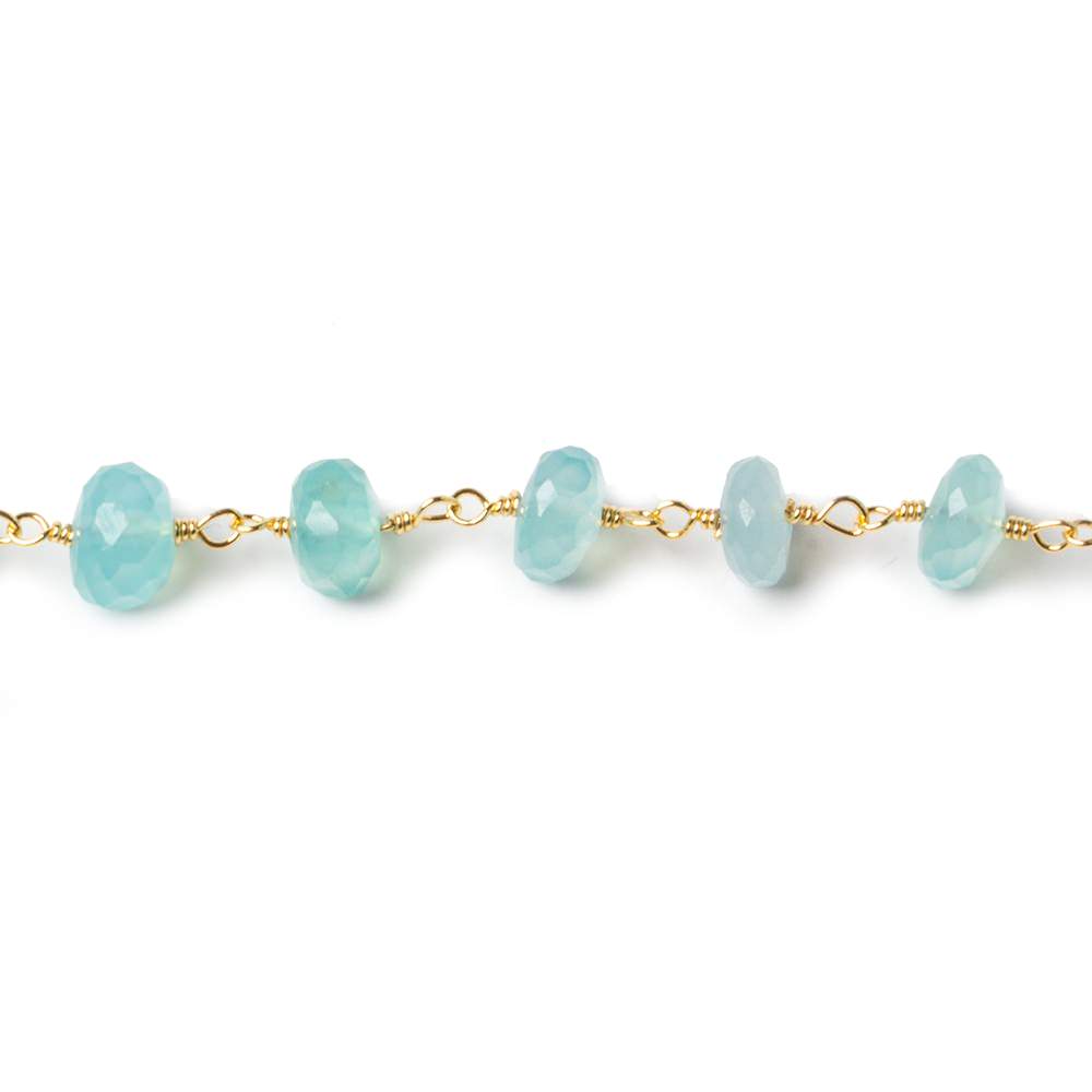 6mm Seafoam Blue Chalcedony faceted rondelle Gold Chain by the foot 33 beads - Beadsofcambay.com