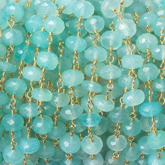 6mm Seafoam Blue Chalcedony faceted rondelle Gold Chain by the foot 33 beads - Beadsofcambay.com
