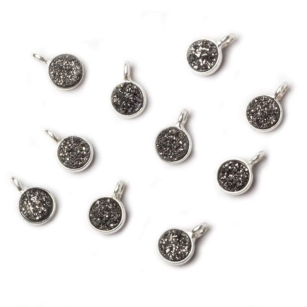 6mm Silver .925 Bezel Black Micro Drusy Coin Pendant 1 piece with side facing ring - Beadsofcambay.com