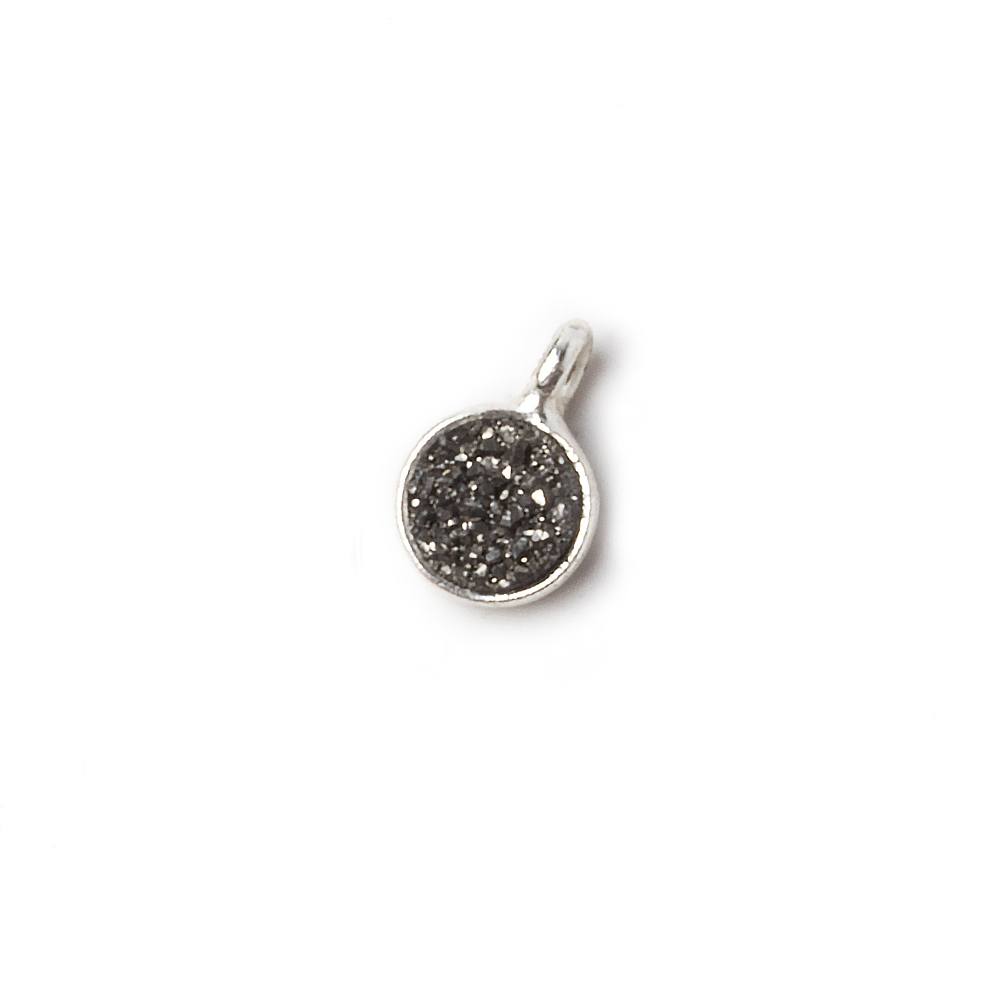 6mm Silver .925 Bezel Black Micro Drusy Coin Pendant 1 piece with side facing ring - Beadsofcambay.com