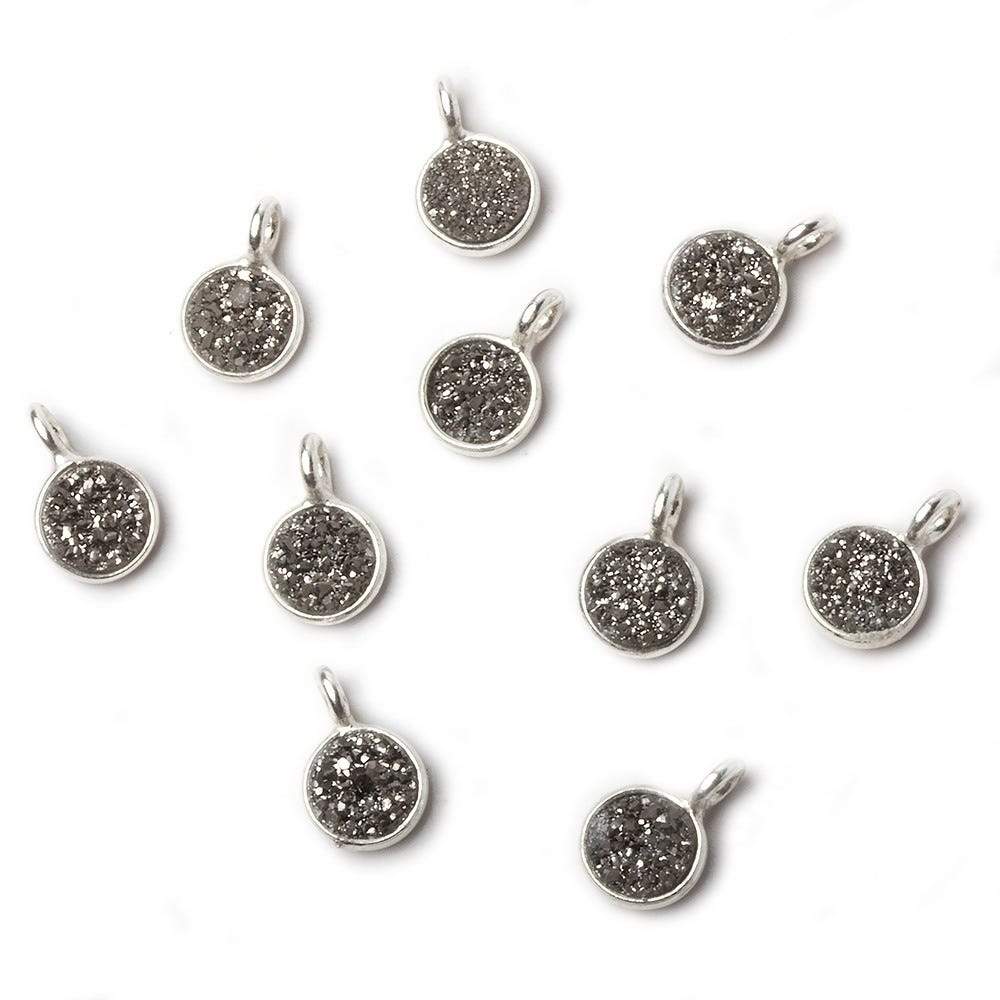 6mm Silver .925 Bezel Platinum Micro Drusy Coin Pendant 1 piece with side facing ring - Beadsofcambay.com