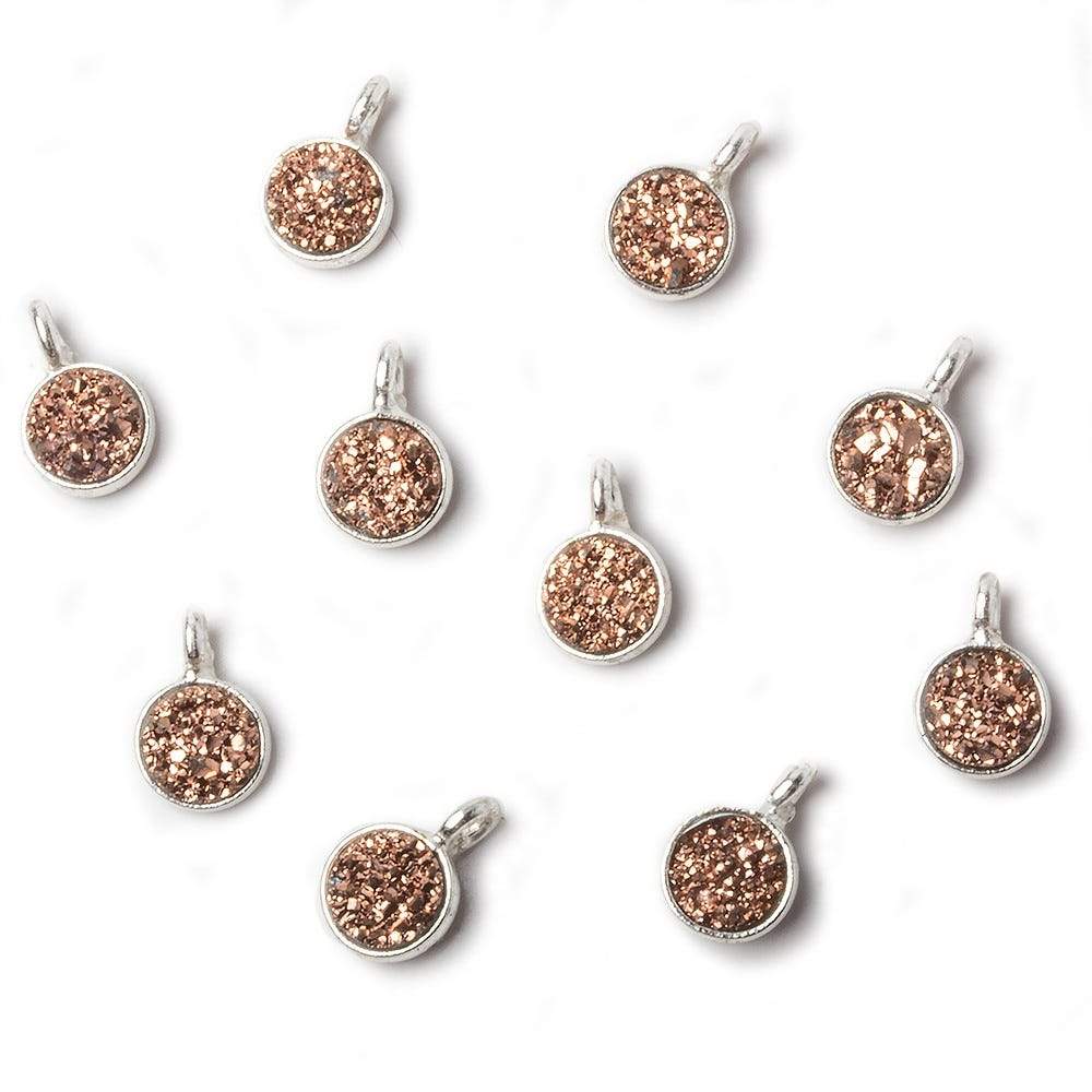 6mm Silver .925 Bezel Rose Gold Micro Drusy Coin Pendant 1 piece with side facing ring - Beadsofcambay.com