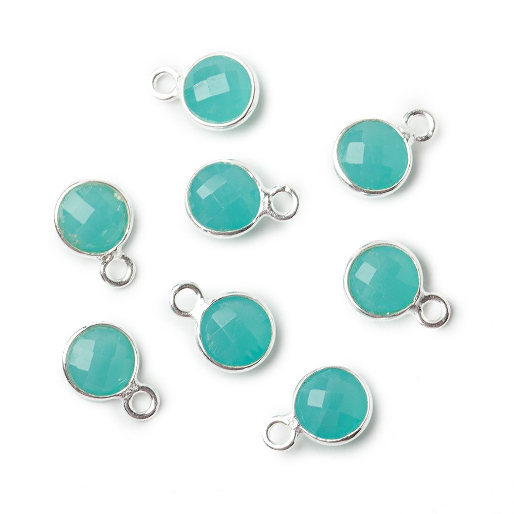6mm Silver Bezeled Seafoam Blue Chalcedony faceted coin pendants Set of 4 pieces - Beadsofcambay.com