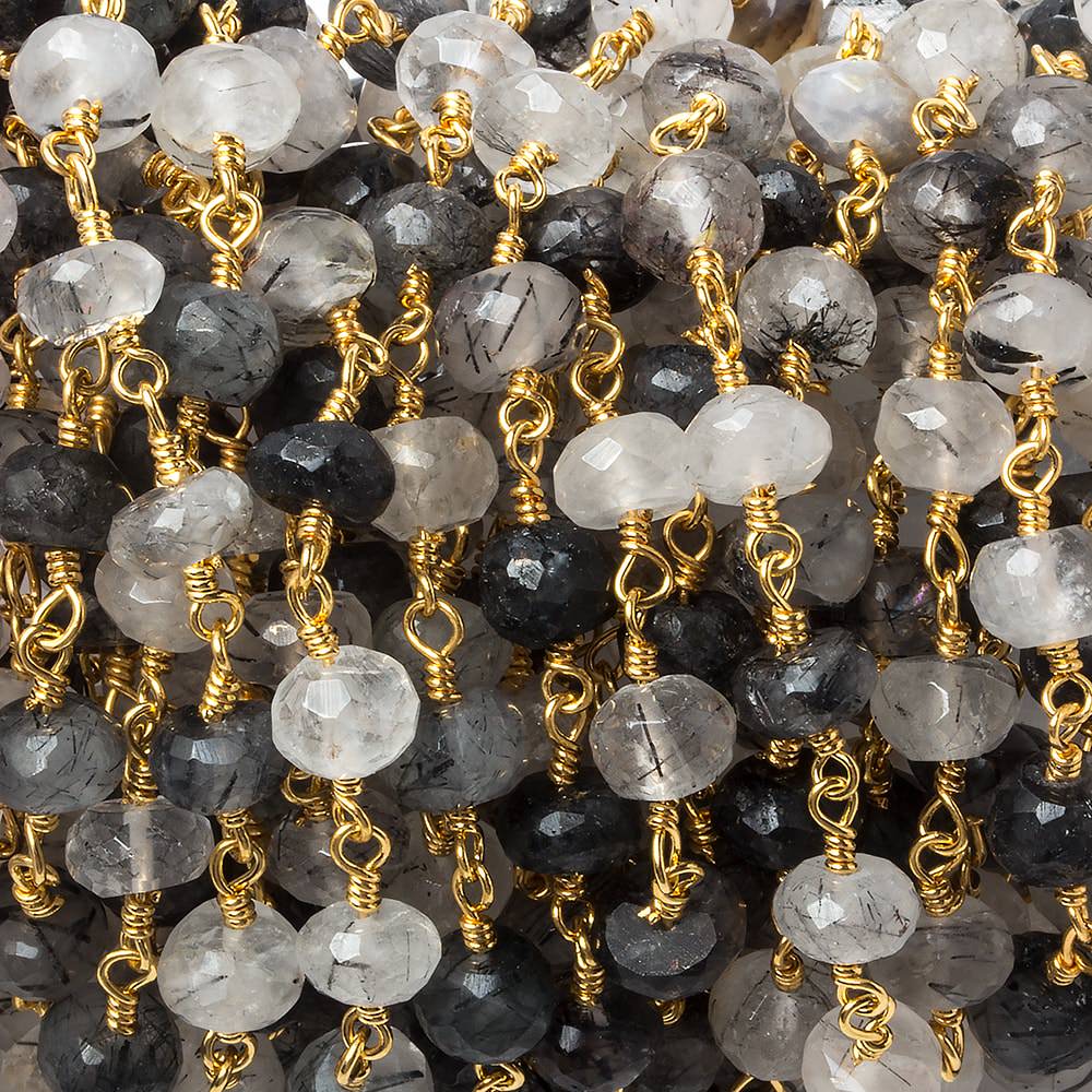 6mm Tourmalinated Quartz faceted rondelle Gold Chain by the foot 30 pieces - Beadsofcambay.com