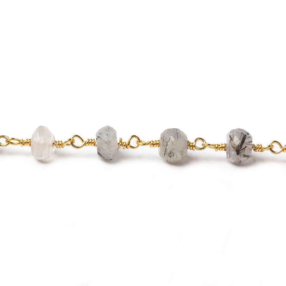 6mm Tourmalinated Quartz faceted rondelle Gold Chain by the foot 30 pieces - Beadsofcambay.com