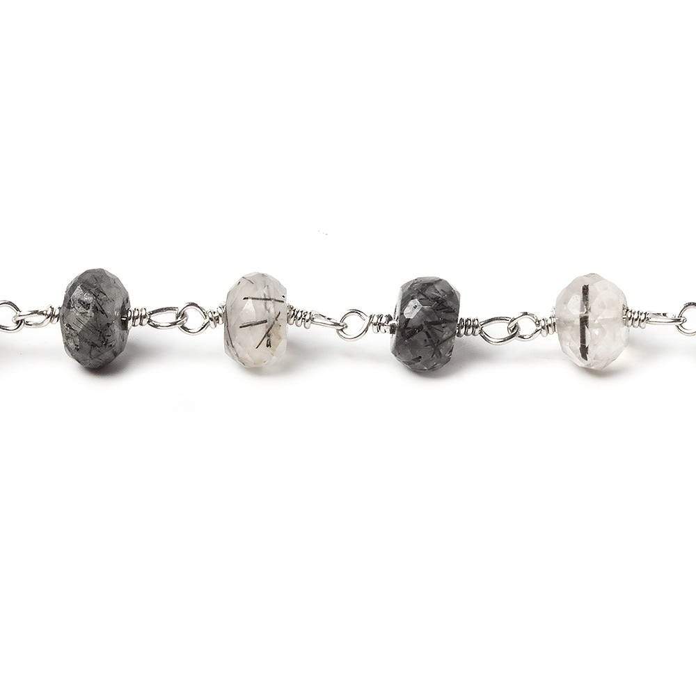 6mm Tourmalinated Quartz faceted rondelle Silver Chain by the foot 30 pieces - Beadsofcambay.com