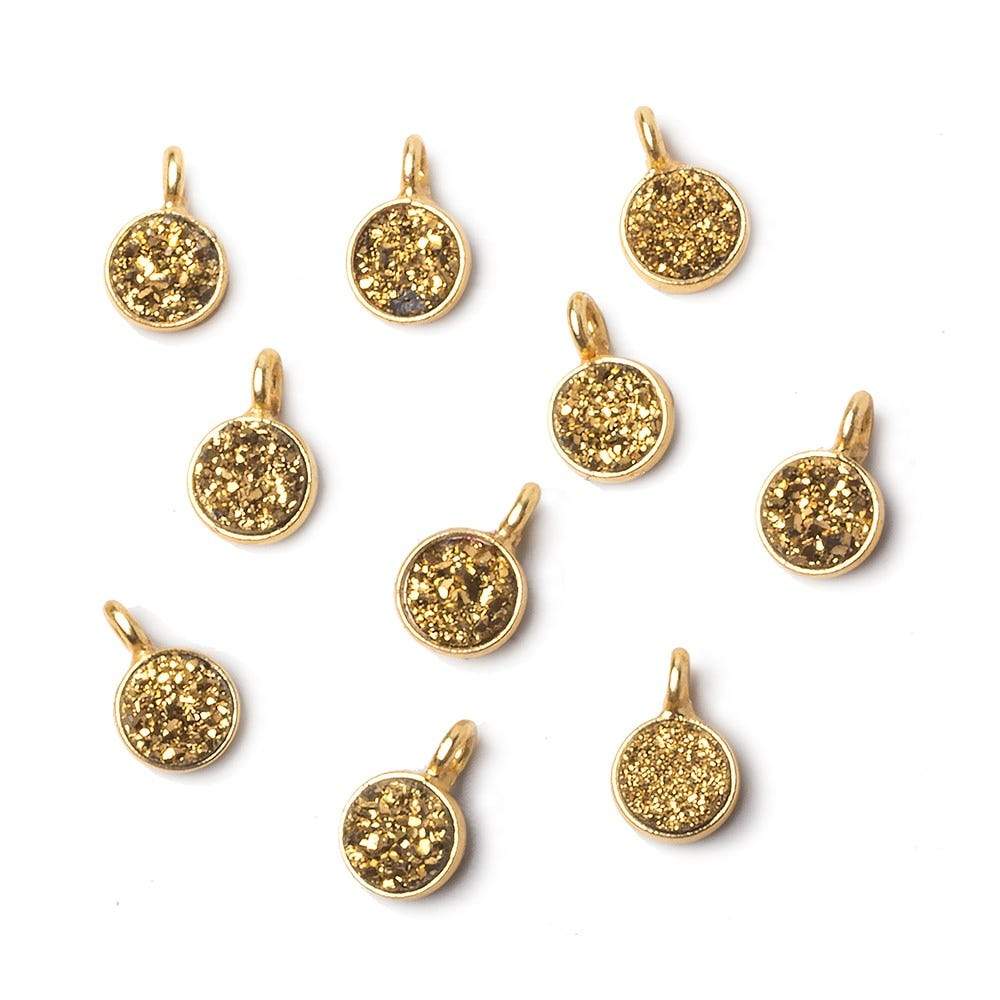 6mm Vermeil Bezel Gold Micro Drusy Coin Pendant 1 piece with side facing ring - Beadsofcambay.com