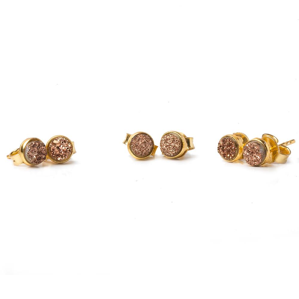 6mm Vermeil Bezel Rose Micro Drusy Coin Post Earring Set of 2 pieces - Beadsofcambay.com