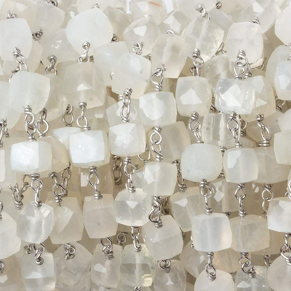 6mm White Moonstone faceted cube .925 Silver Chain by the foot 29 pieces - Beadsofcambay.com