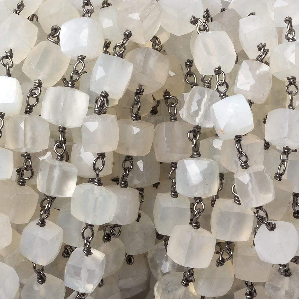 6mm White Moonstone faceted cube Black Gold .925 Silver Chain by the foot 29 pieces - Beadsofcambay.com