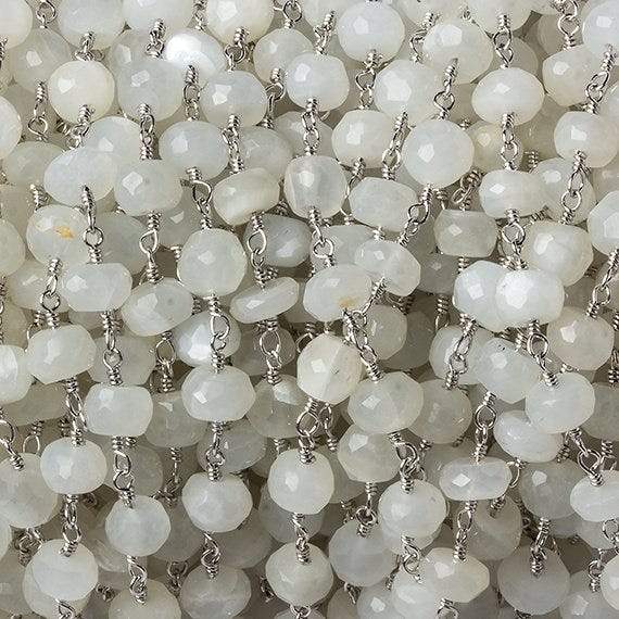 6mm White Moonstone faceted rondelle Silver Chain by the foot 30 pcs - Beadsofcambay.com