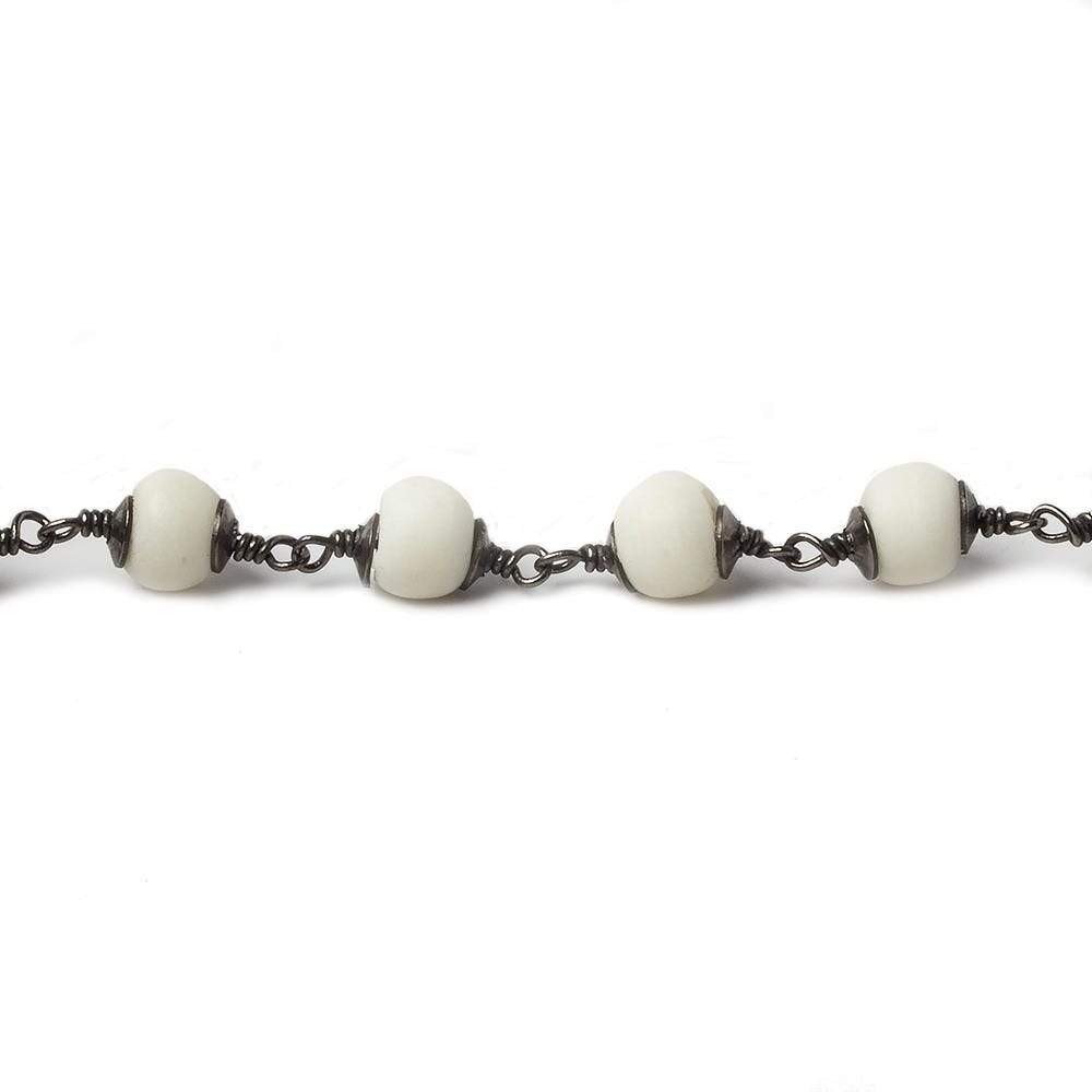 6mm White Ox Bone rounds Black Gold plated Cap and Chain by the foot 21 pcs - Beadsofcambay.com