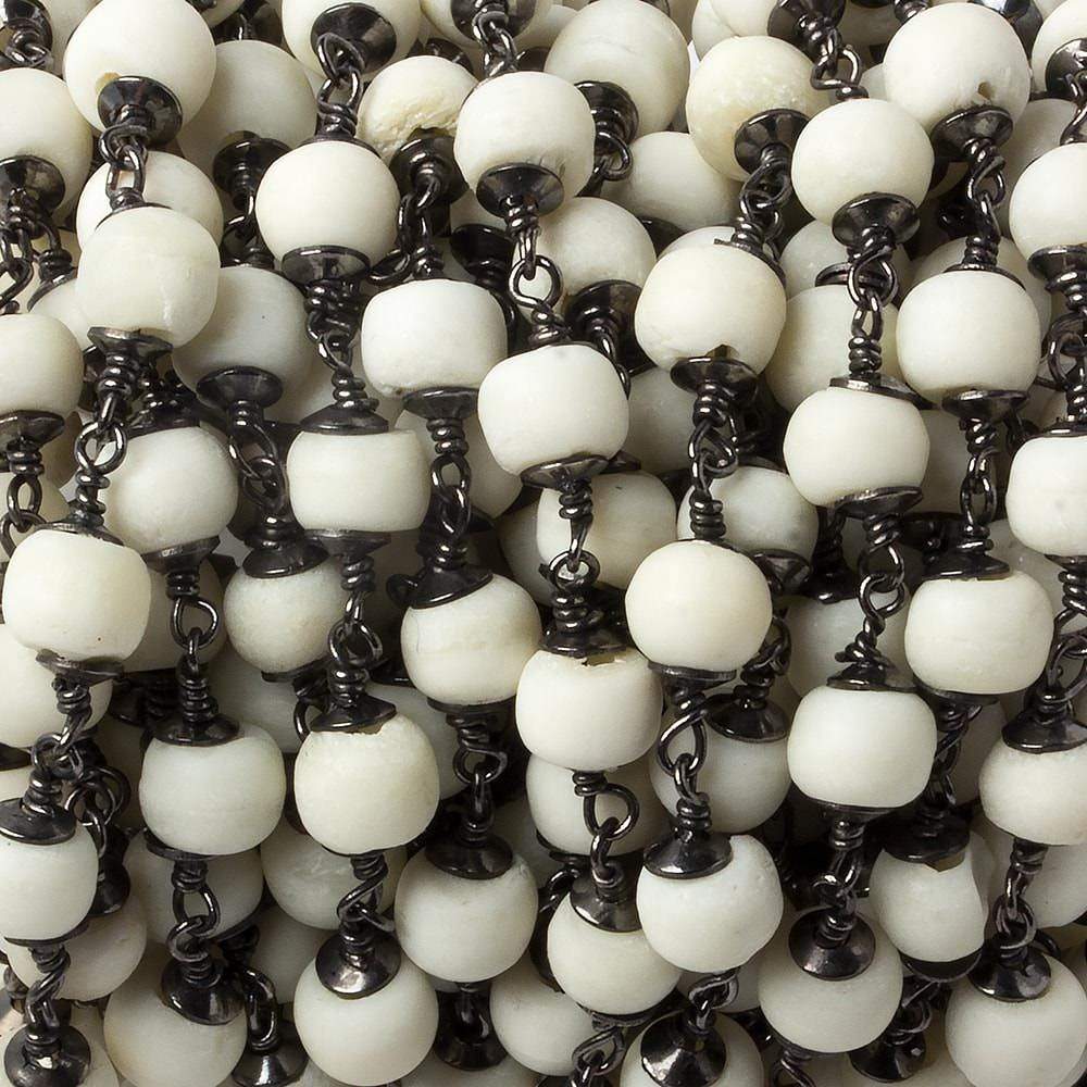 6mm White Ox Bone rounds Black Gold plated Cap and Chain by the foot 21 pcs - Beadsofcambay.com