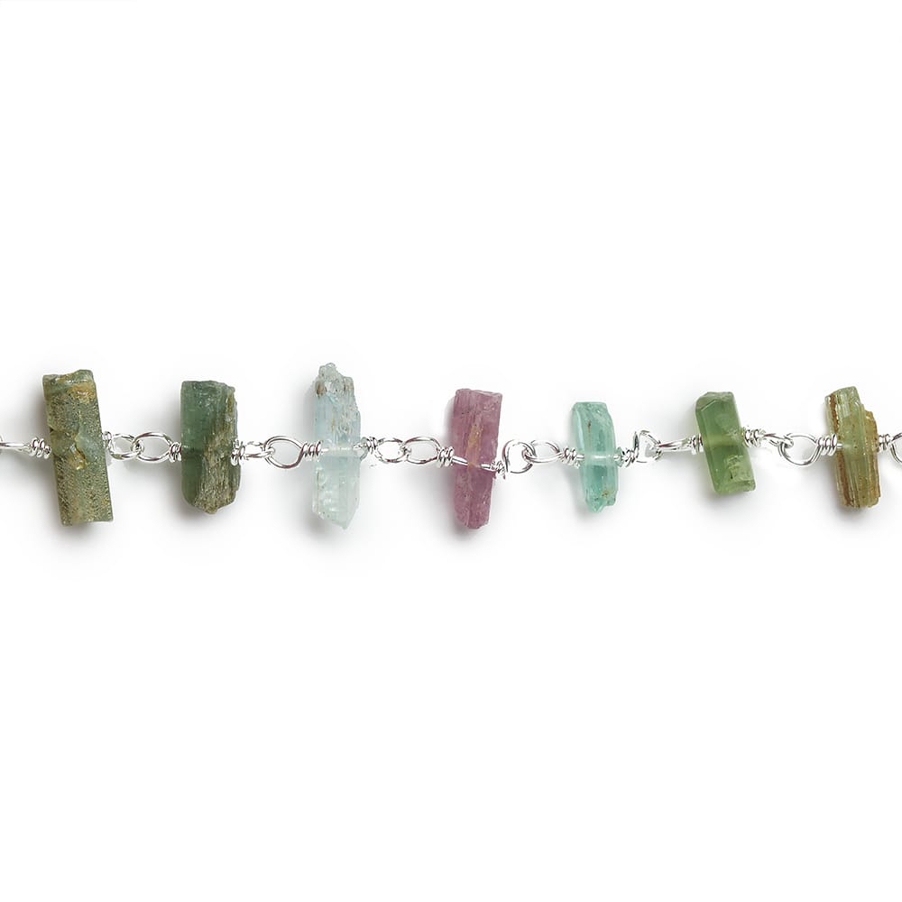 6x3-8x3mm Multi Color Tourmaline Natural Crystal .925 Silver Chain by the foot 44 pcs - Beadsofcambay.com
