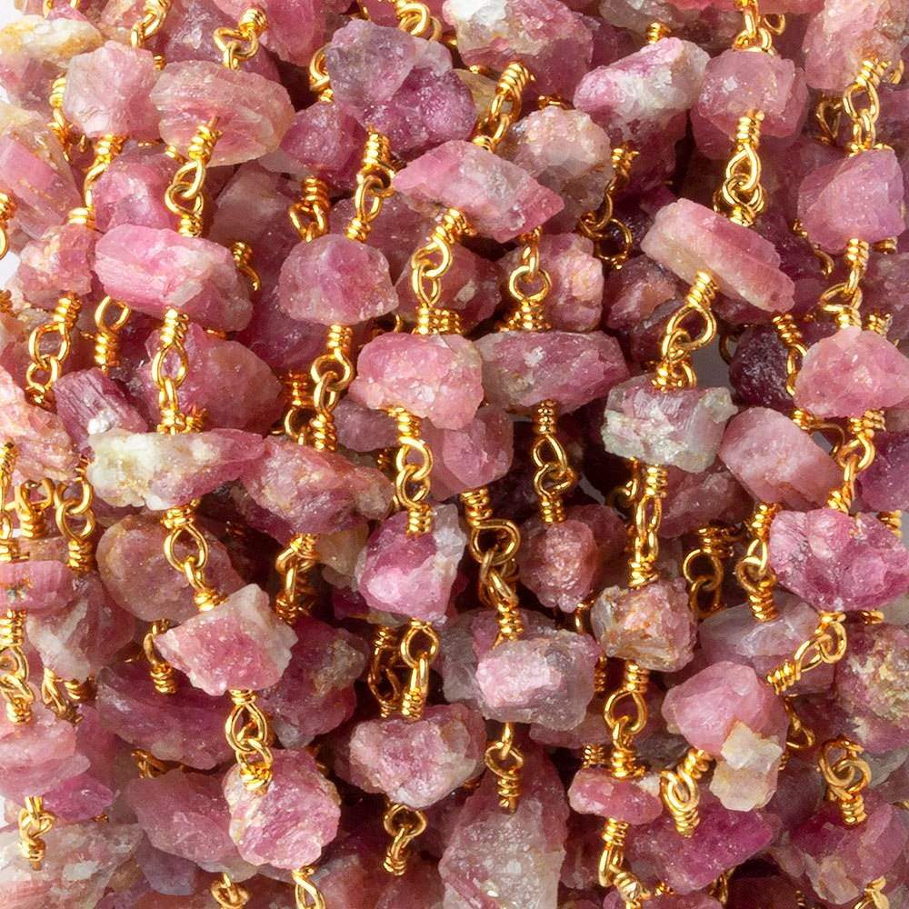 6x4-11x10mm Matte Pink Tourmaline Chips Gold plated Chain by the foot 28 pieces - Beadsofcambay.com