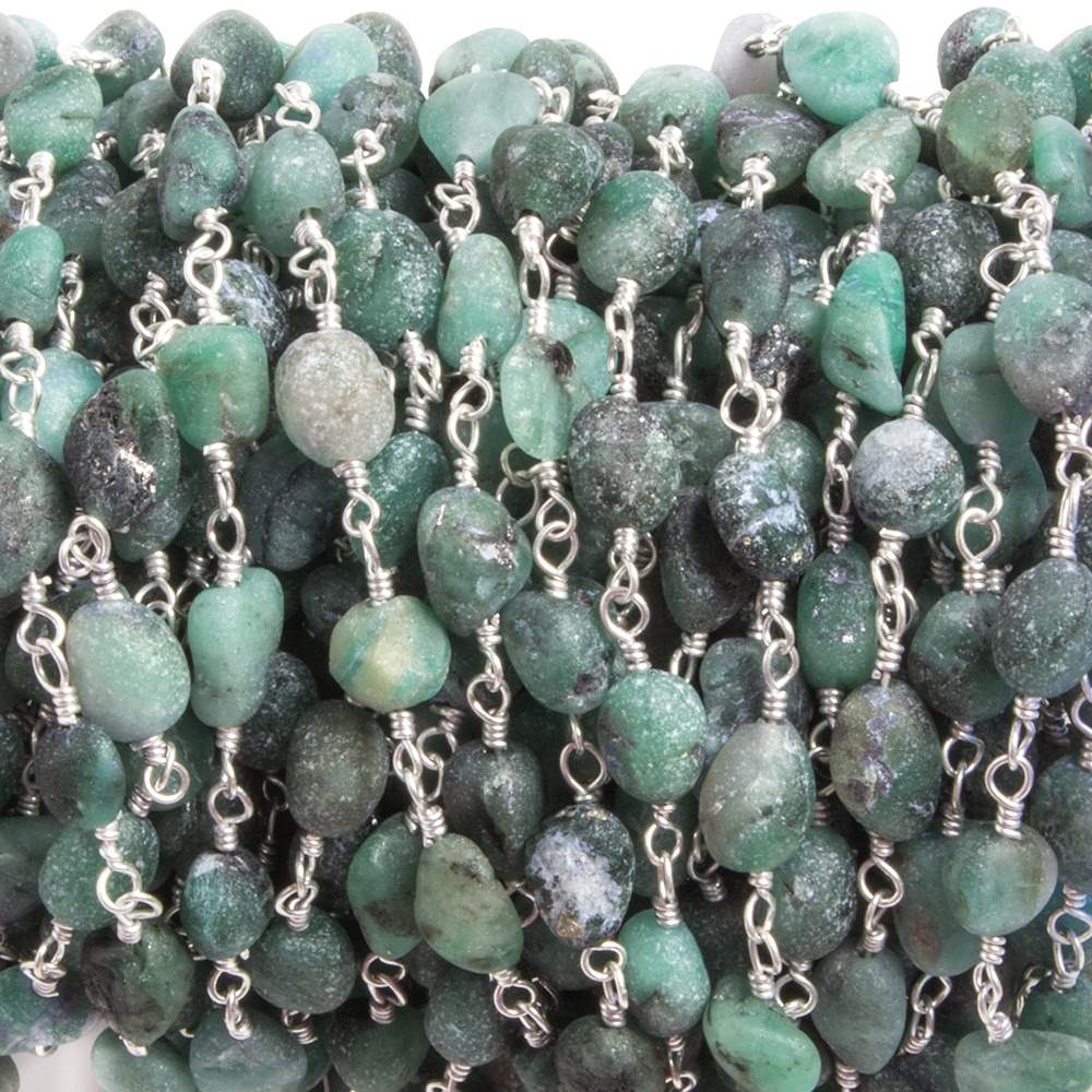 6x4mm Matte Emerald plain nugget Silver plated Chain by the foot 29 pieces - Beadsofcambay.com